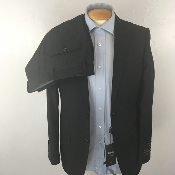 Tiglio 36r solid black men’s suit 2 piece 100% wool 2 button new nwt 30w ea0173